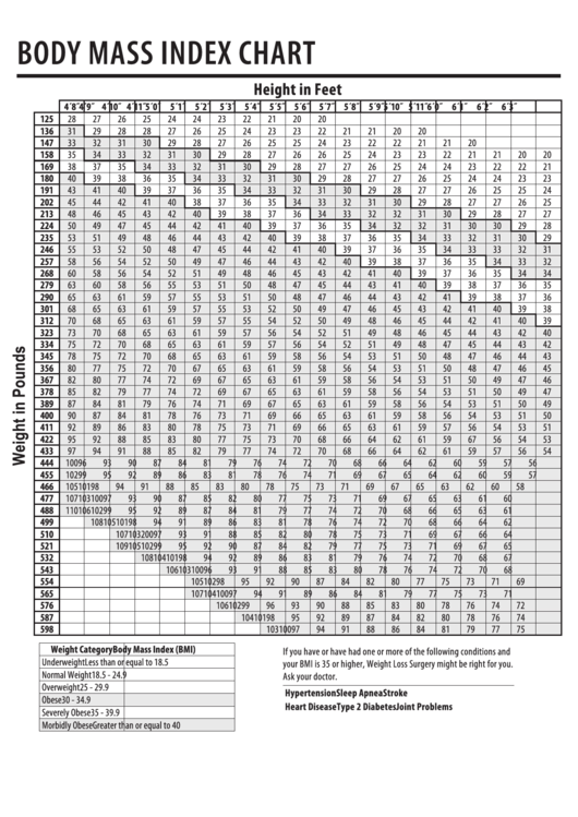 Body Mass Index Chart Printable pdf