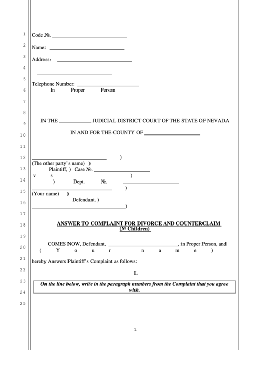 Fillable Answer To Complaint For Divorce And Counterclaim No Children Printable pdf