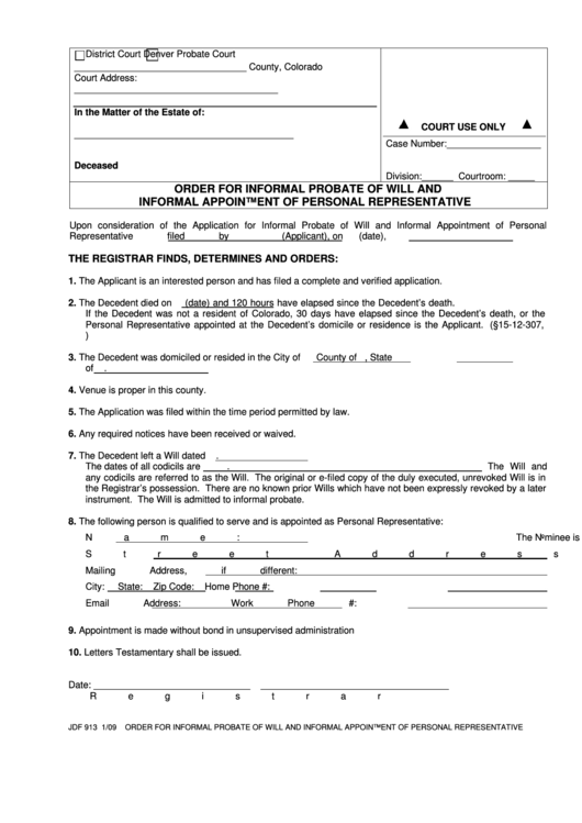 Fillable Form Jdf 913 - Order For Informal Probate Of Will And Informal Appointment Of Personal Representative Printable pdf