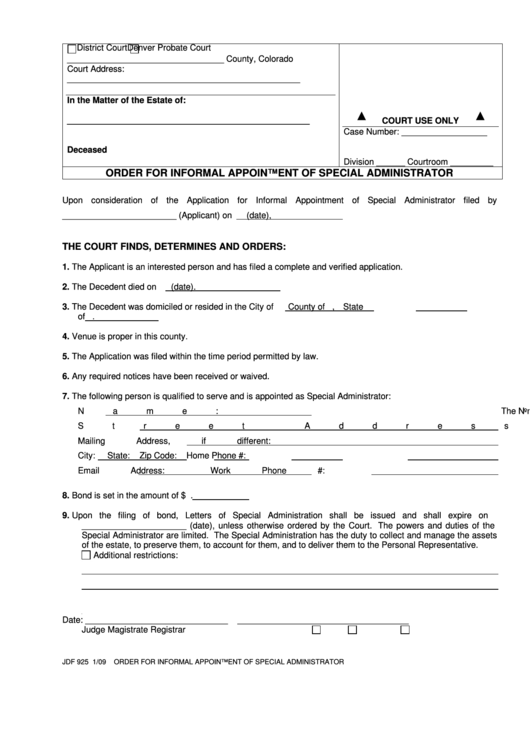 Fillable Form Jdf 925 - Order For Informal Appointment Of Special Administrator Printable pdf
