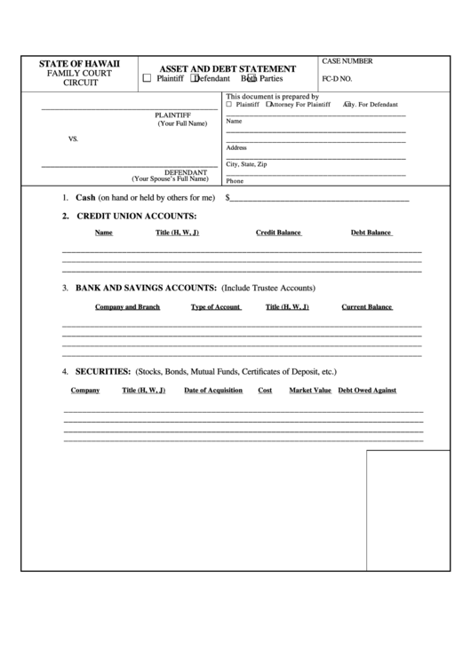 Fillable Asset And Debt Statement Printable pdf