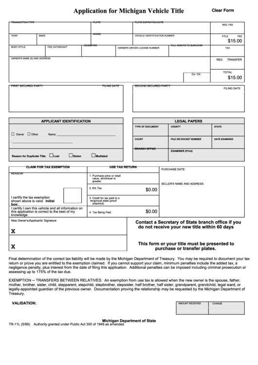 Fillable Tr11l Application For Michigan Vehicle Title printable pdf