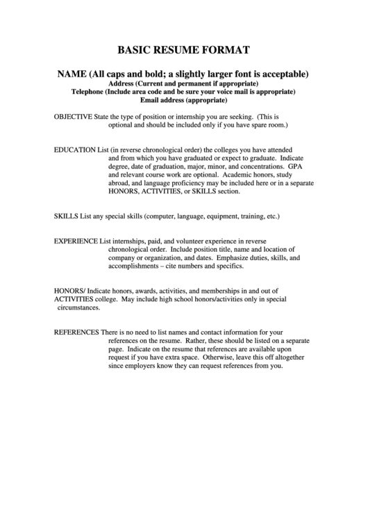 Basic Resume Format Printable pdf