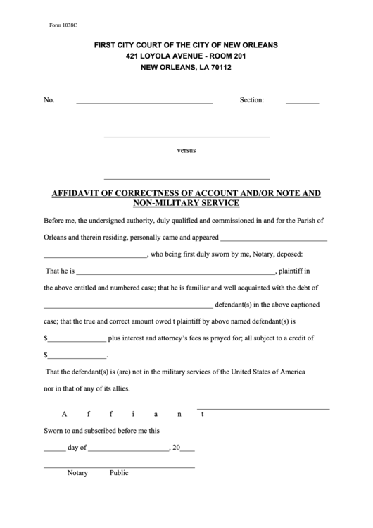 Fillable Affidavit Of Correctness Of Account And Or Note And Non Military Service Printable pdf