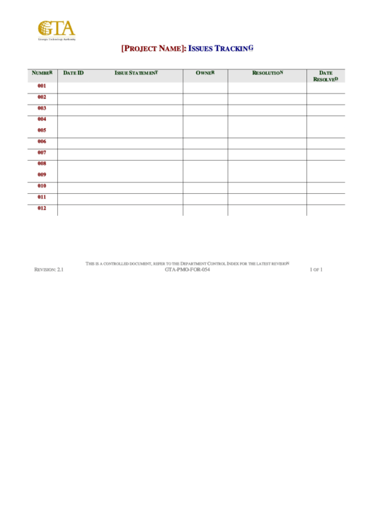 Issue Tracking Template Printable pdf