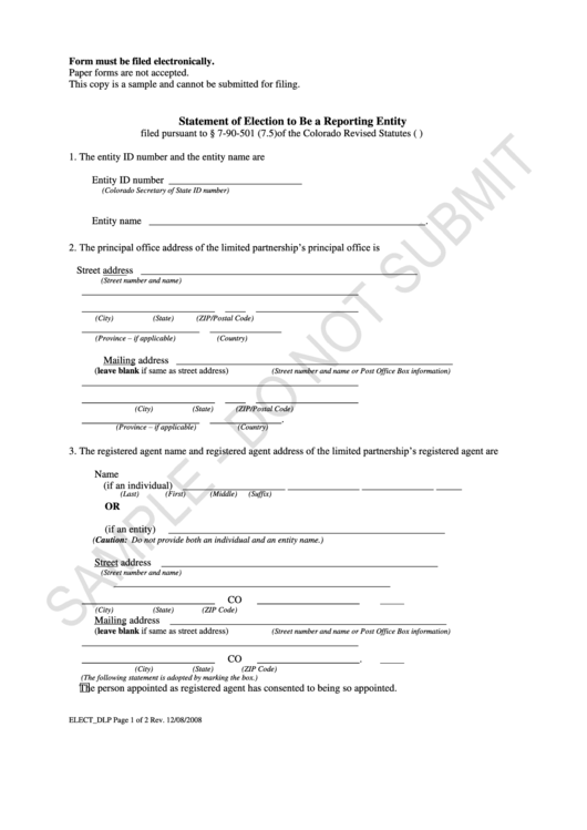 Statement Of Election To Be A Reporting Entity Form - Colorado Secretary Of State Printable pdf