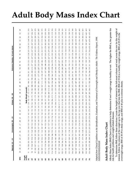 Adult Body Mass Index Chart Printable pdf