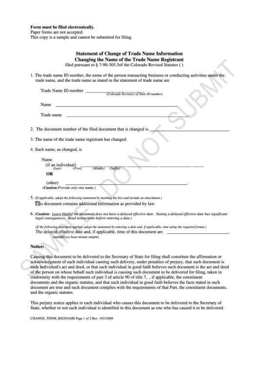 Statement Of Change Of Trade Name Information Form - Colorado Secretary Of State Printable pdf