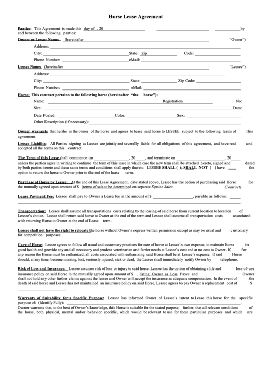 Fillable Horse Lease Agreement Printable pdf