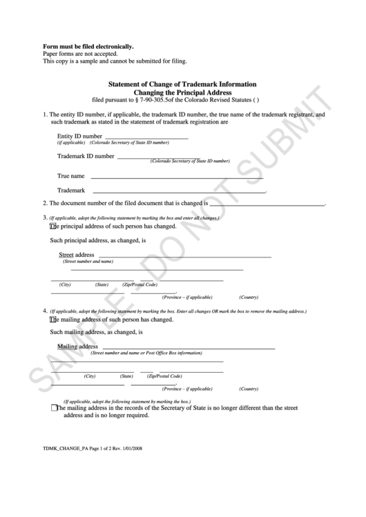 Statement Of Change Of Trademark Information Form - Colorado Secretary Of State Printable pdf