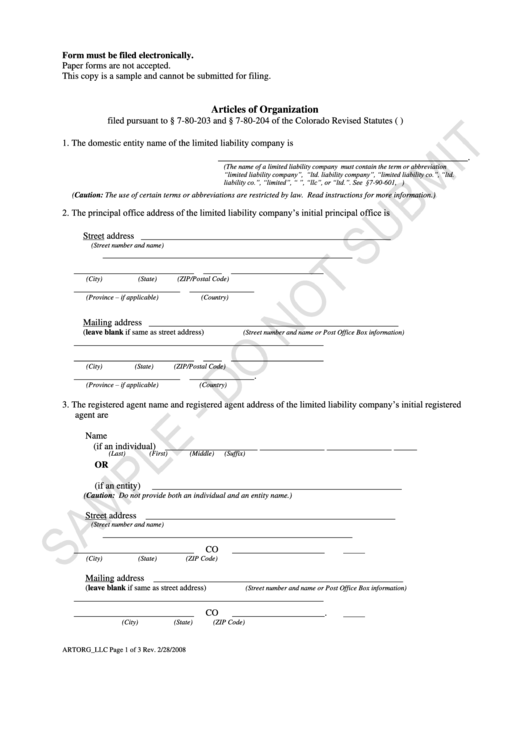 Form Artorg_llc - Sample - Articles Of Organization Form - 2008 Printable pdf