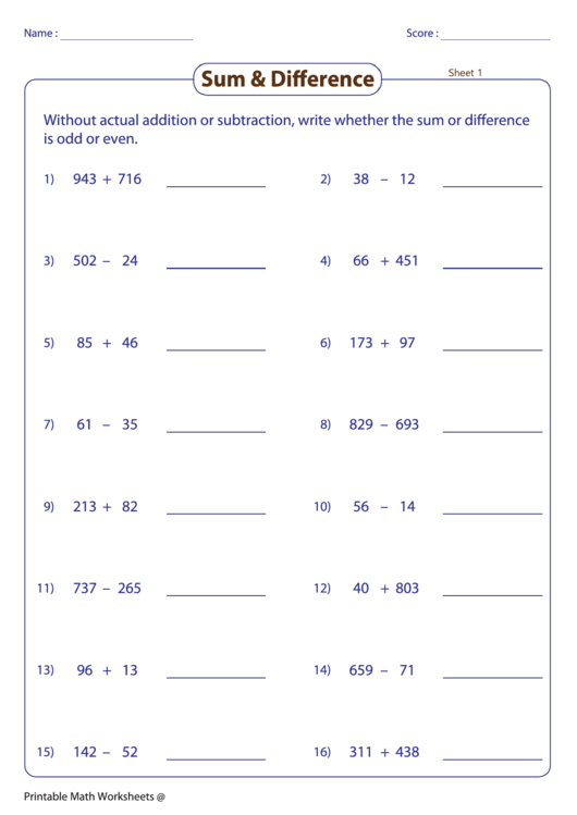 Sum And Difference Worksheet