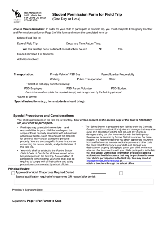 Student Permission Form For Field Trip