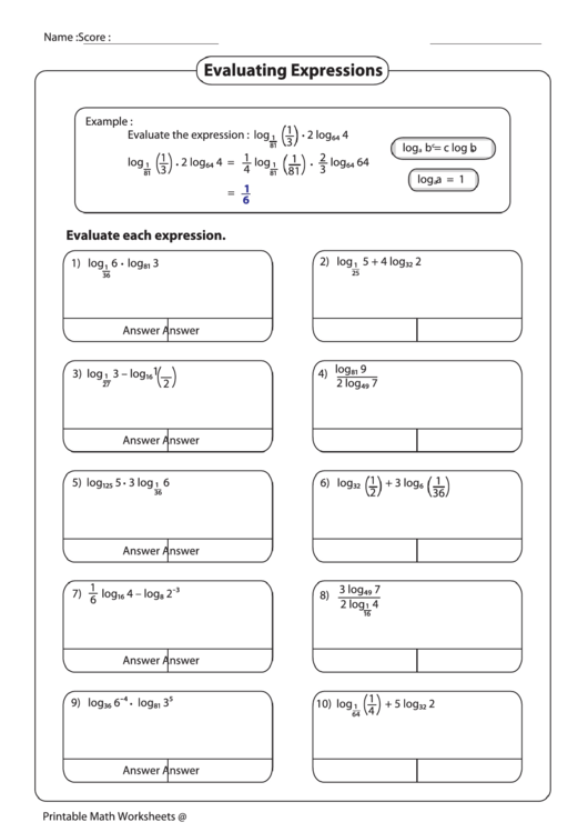 Evaluating Expressions Printable pdf