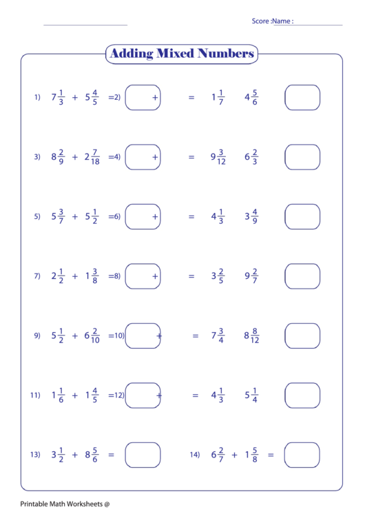 Adding Mixed Numbers Printable Pdf Download