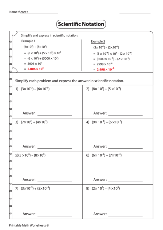 Simplifying Expressions In Scientific Notation Worksheet With Answer Key