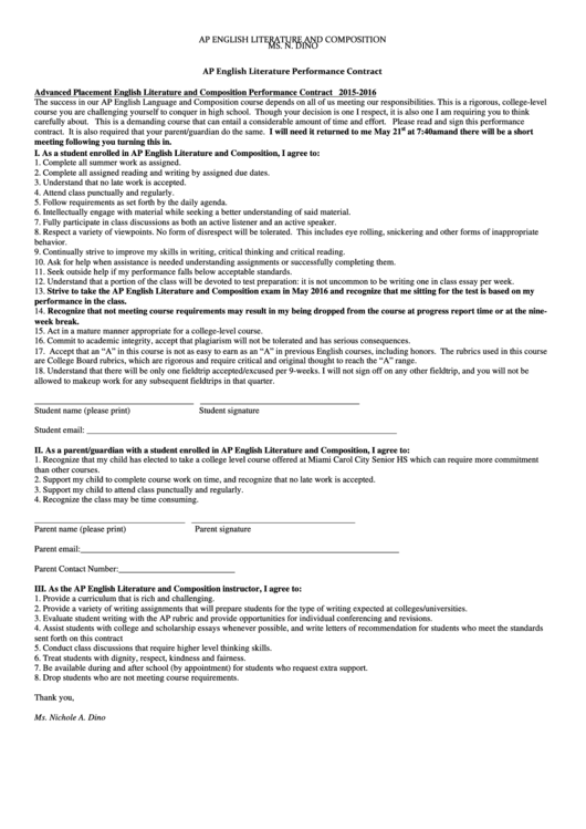 Ap English Literature Performance Contract Printable pdf