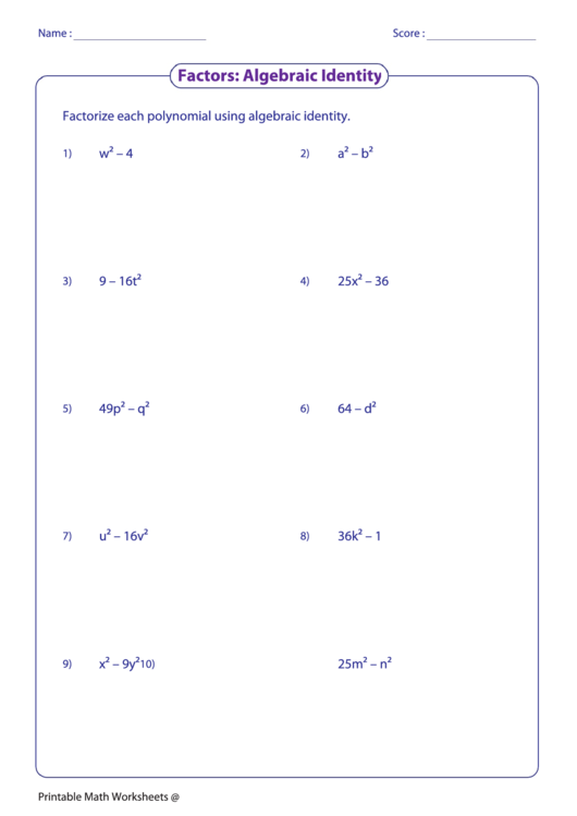 Factors: Algebraic Identity Worksheet Printable pdf