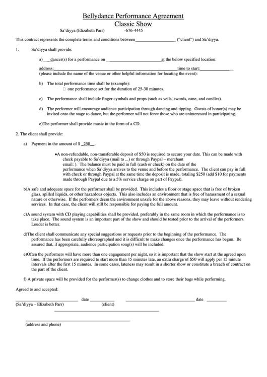 Bellydance Performance Agreement Classic Show Printable pdf