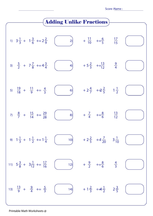 Adding Unlike Fractions printable pdf download