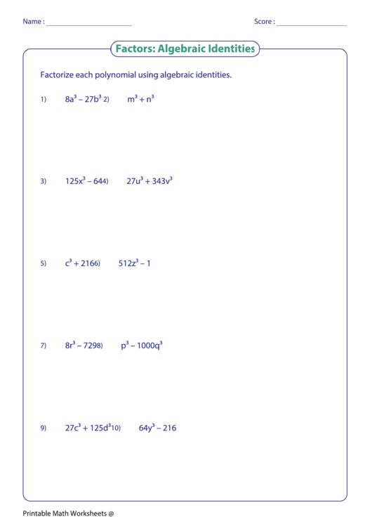 Factors: Algebraic Identities Printable pdf