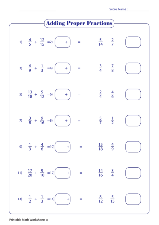 Adding Proper Fractions printable pdf download