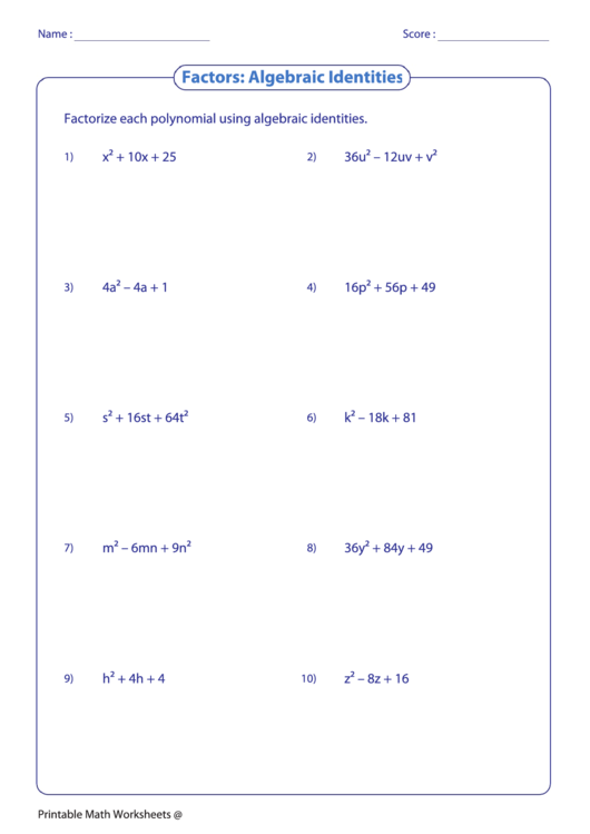 Factors: Algebraic Identities Printable pdf