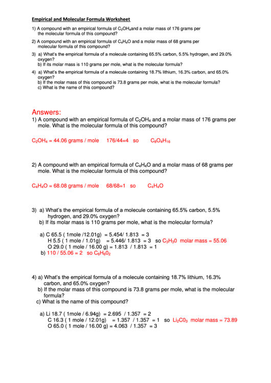 Empirical And Molecular Formula Worksheet printable pdf download