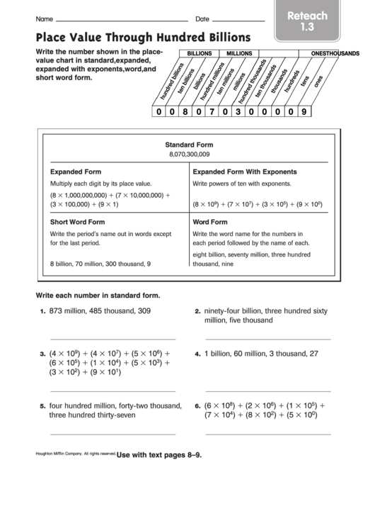 Place Value Billions Worksheet