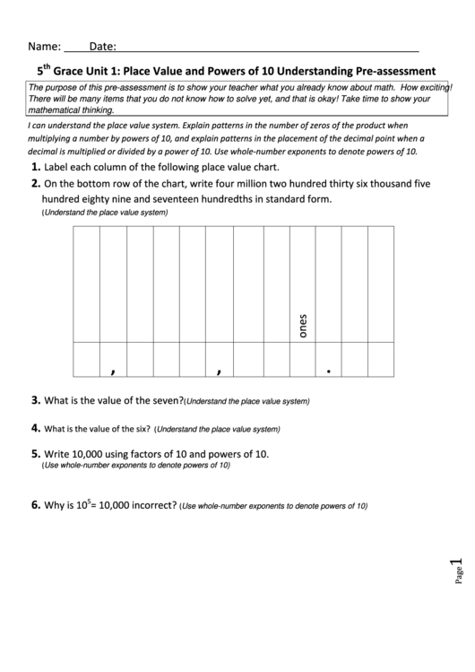 5 Th Grace Unit 1: Place Value And Powers Of 10 Understanding Pre-Assessment Printable pdf