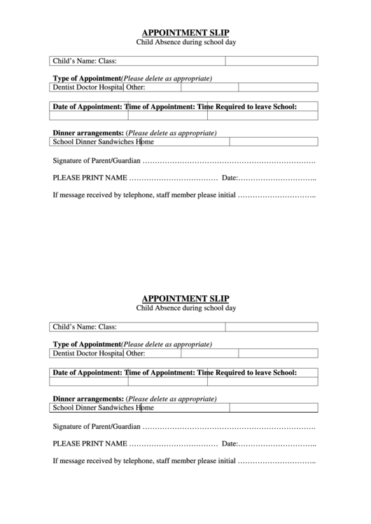 Appointment Slip Template Printable pdf