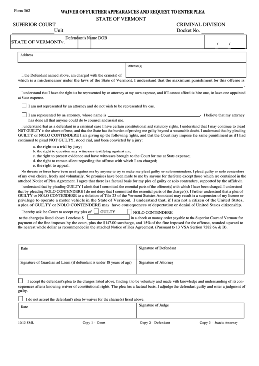 Form 362 - Waiver Of Further Appearances And Request To Enter Plea