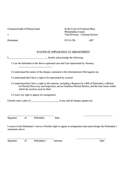Waiver Of Appearance At Arraignment Printable pdf