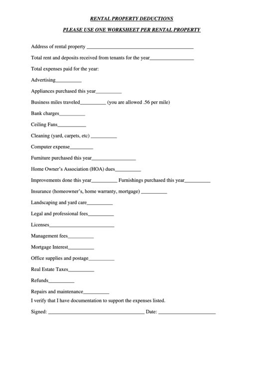 Fillable Rental Property Deductions Please Use One Worksheet Per Rental Property Printable pdf