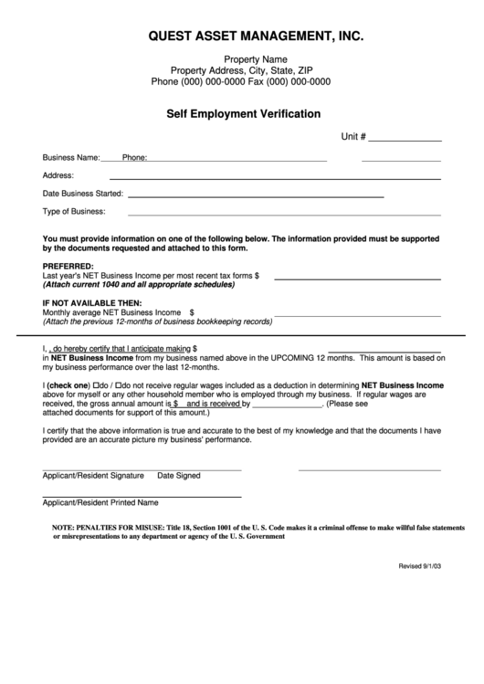 Self Employment Verification Printable pdf