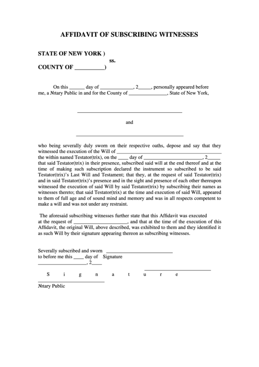 Fillable Affidavit Of Subscribing Witnesses Printable pdf