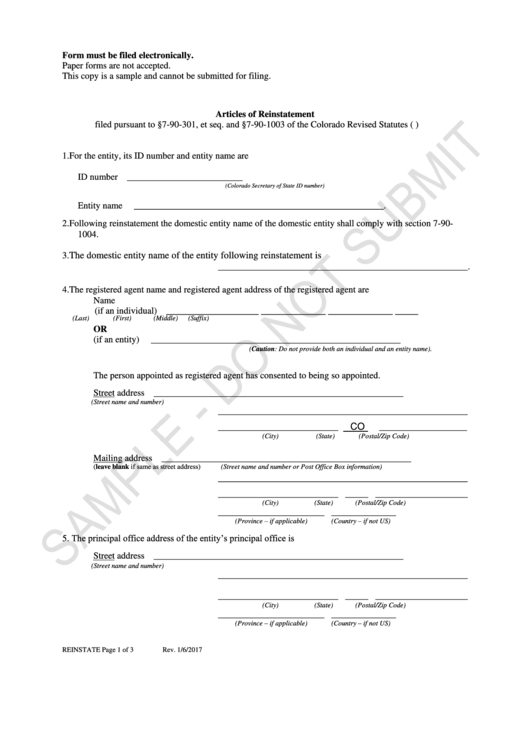 Articles Of Reinstatement Form - Colorado Secretary Of State