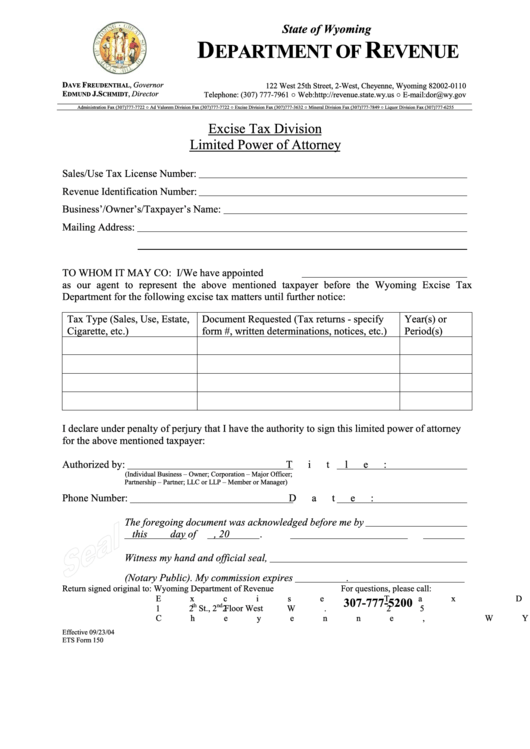 Fillable Ets Form 150 - Excise Tax Division, State Of Wyoming - Limited Power Of Attorney Printable pdf