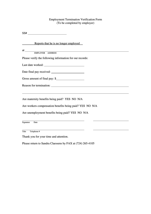 Employment Termination Verification Form Printable pdf