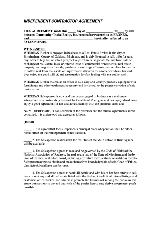 Independent Contractor Agreement Printable pdf