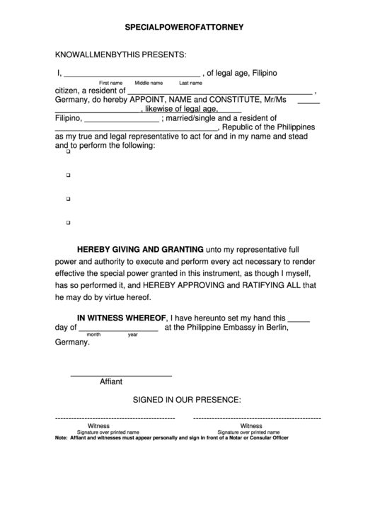 Special Power Of Attorney Template Printable pdf