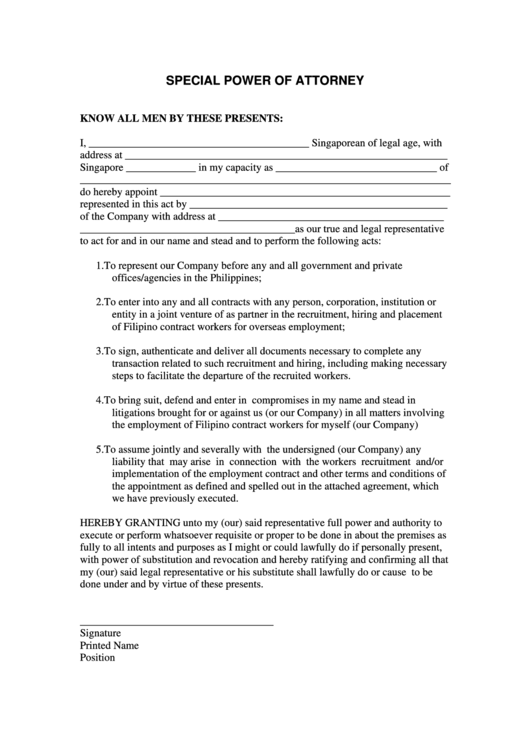 Special Power Of Attorney printable pdf download