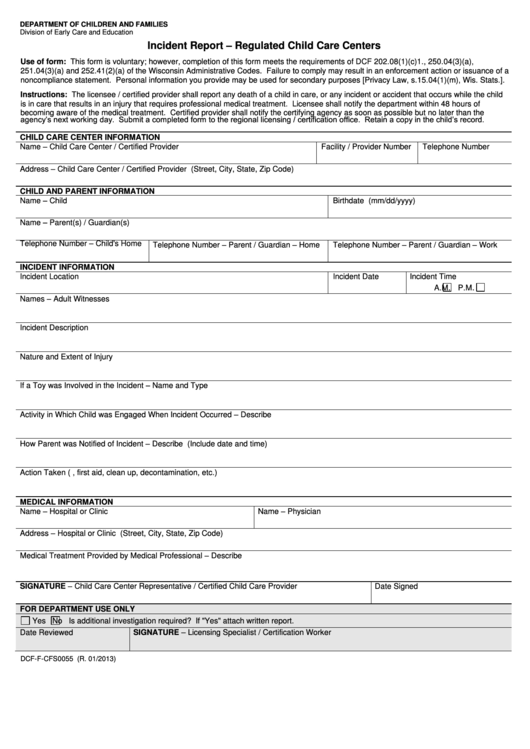 Incident Report - Regulated Child Care Centers Printable pdf