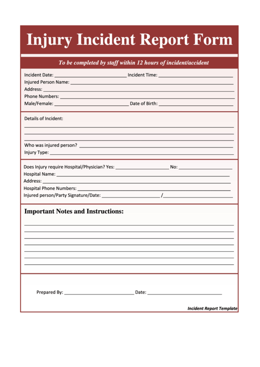 Injury Incident Report Form Printable pdf