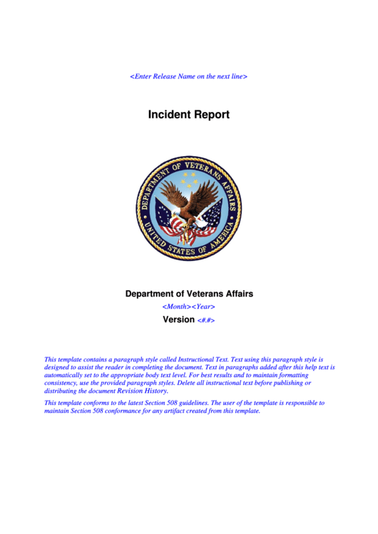 Incident Report Template - Department Of Veterans Affairs Printable pdf