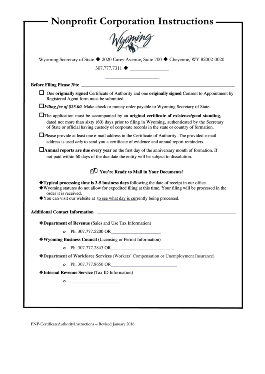 Fillable Foreign Nonprofit Corporation Application For Certificate Of Authority - Wyoming Secretary Of State Printable pdf