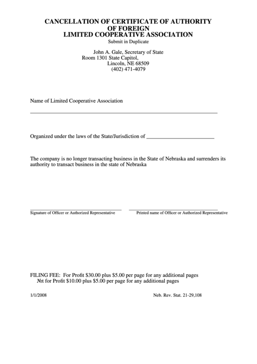 Cancellation Of Certificate Of Authority Of Foreign Limited Cooperative Association - Nebraska Secretary Of State Printable pdf