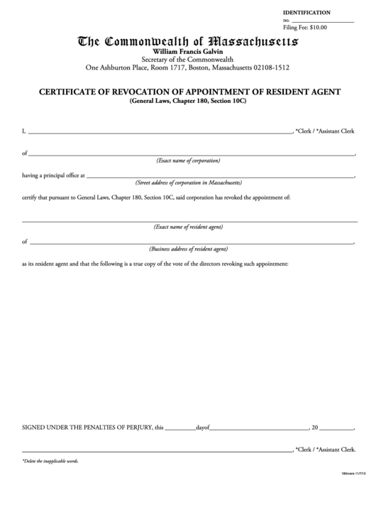 Fillable Certificate Of Revocation Of Appointment Of Resident Agent Form - The Commonwealth Of Massachusetts Printable pdf
