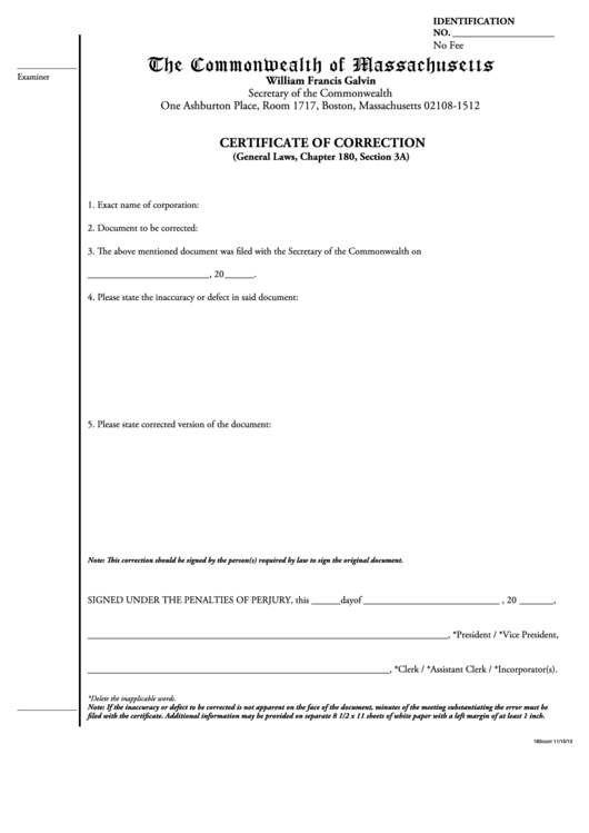 Fillable Certificate Of Correction Form - The Commonwealth Of Massachusetts Printable pdf