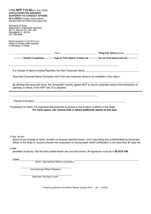 Fillable Form Nfp 113.40 - Application For Amended Authority To Conduct Affairs Printable pdf